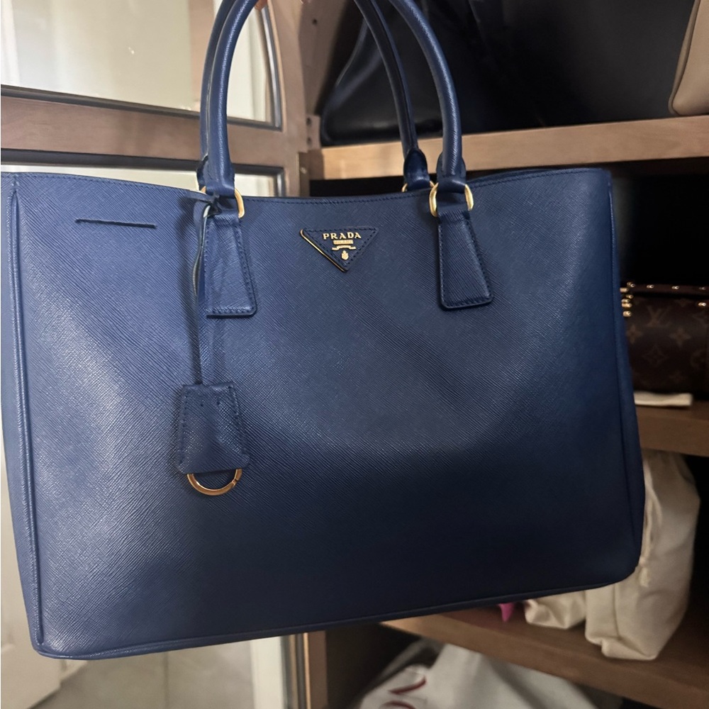 Prada Navy Saffiano Leather Tote with Gold Hardware